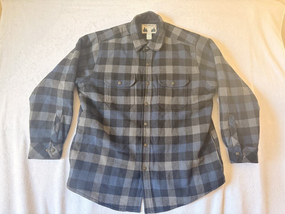 LL Bean Wool Shacket Men Size XL Gray Blue Plaid Insulated